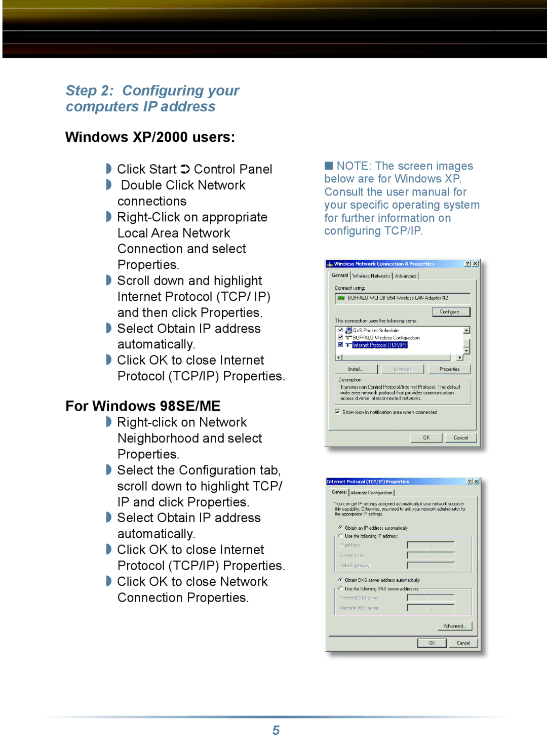 Buffalo Technology WRB-G54K, WLA-G54C manual Conﬁguring your computers IP address, Windows XP/2000 users 