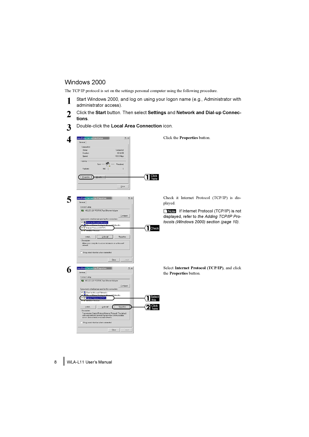 Buffalo Technology WLA-L11 specifications Windows, Double-click the Local Area Connection icon 