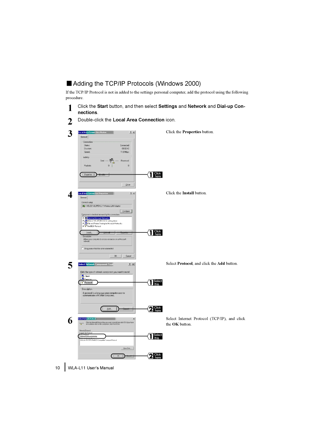 Buffalo Technology WLA-L11 specifications Adding the TCP/IP Protocols Windows, Nections 