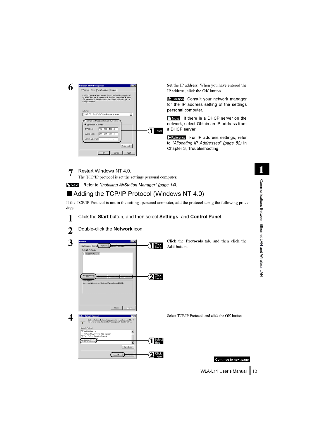 Buffalo Technology WLA-L11 specifications Adding the TCP/IP Protocol Windows NT, Restart Windows NT 