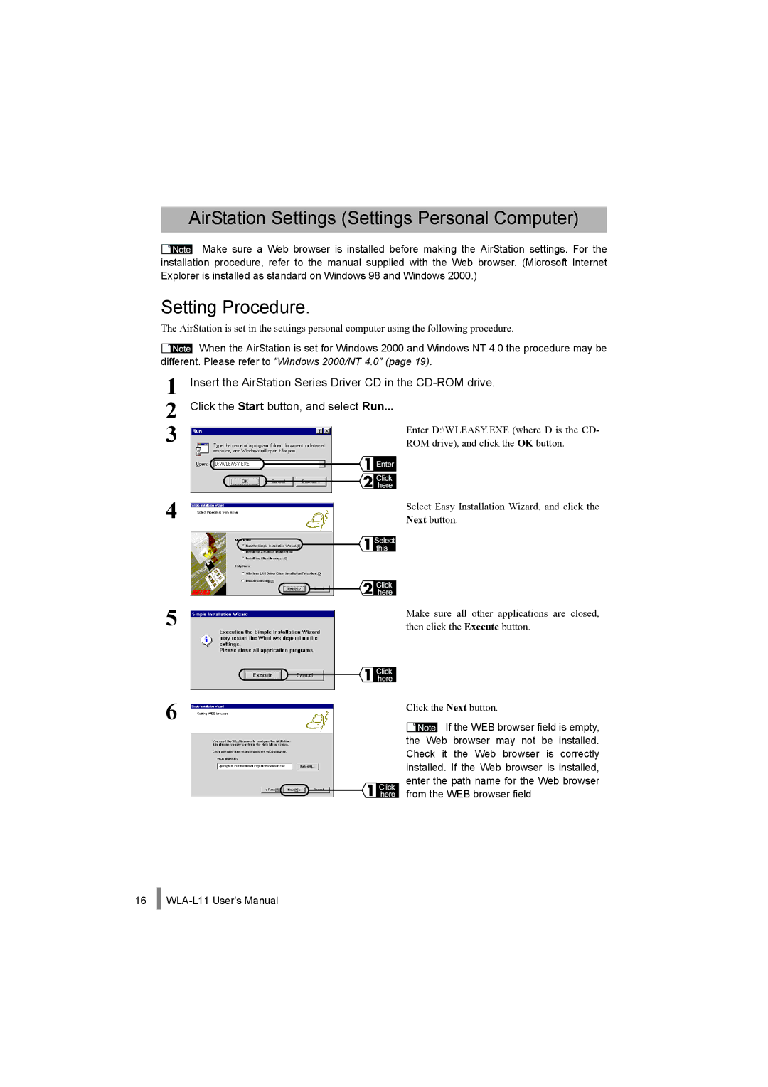 Buffalo Technology WLA-L11 specifications AirStation Settings Settings Personal Computer, Setting Procedure 