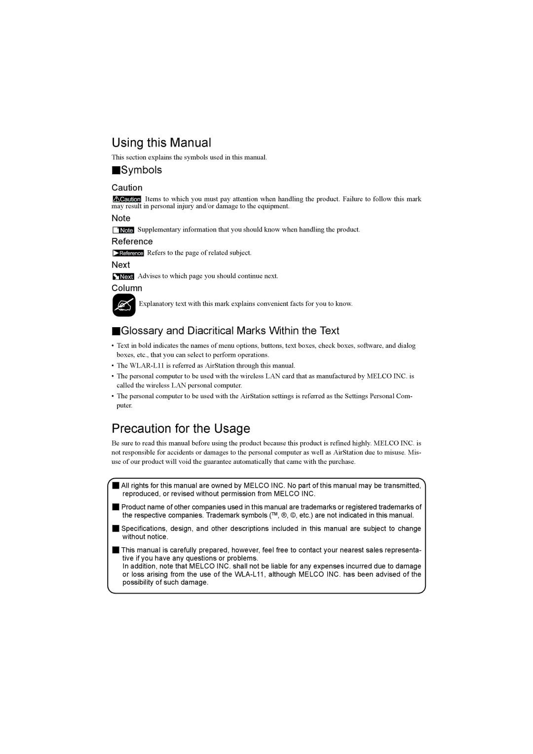 Buffalo Technology WLA-L11 specifications Using this Manual, Precaution for the Usage, Symbols 