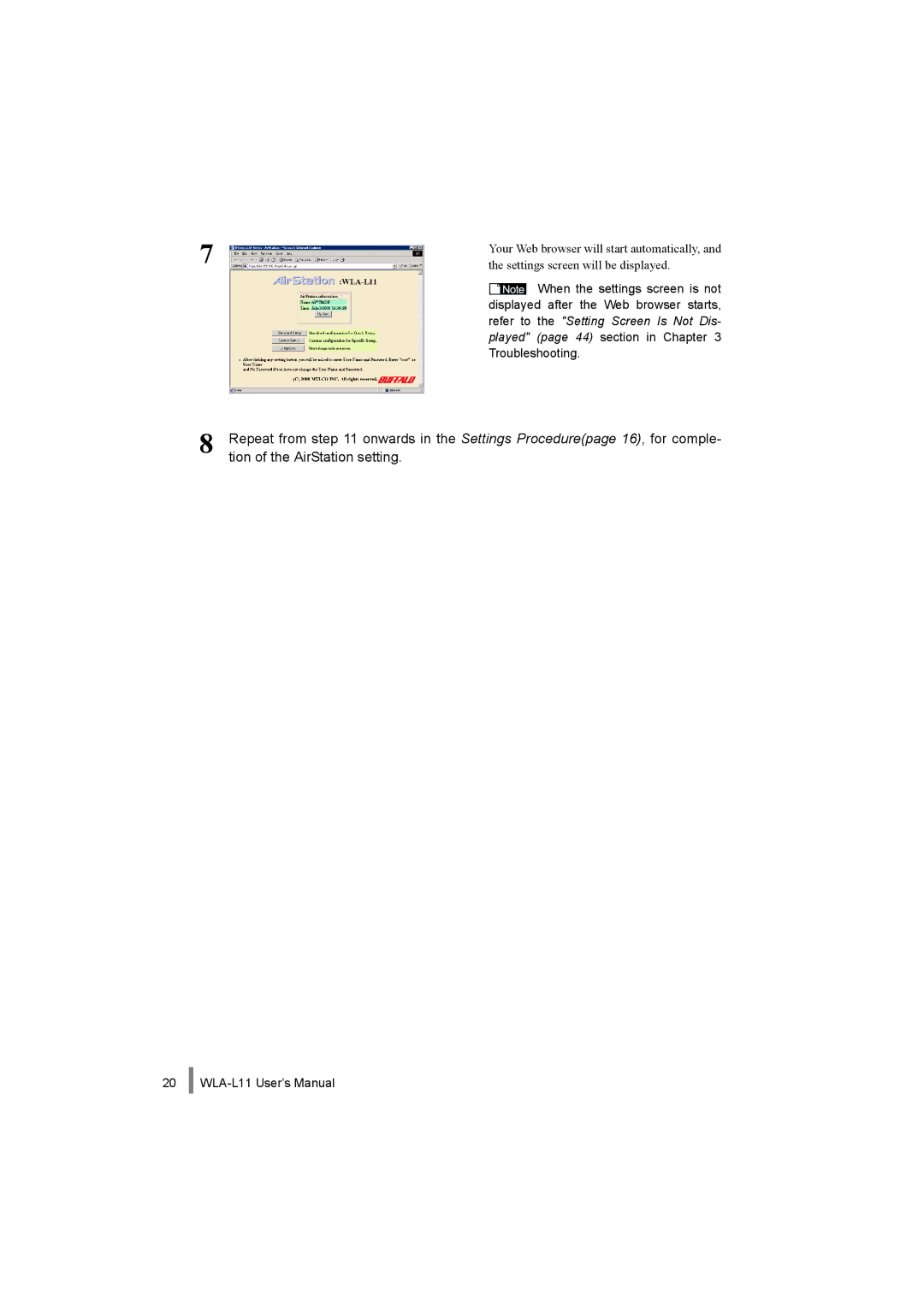 Buffalo Technology WLA-L11 specifications Tion of the AirStation setting 