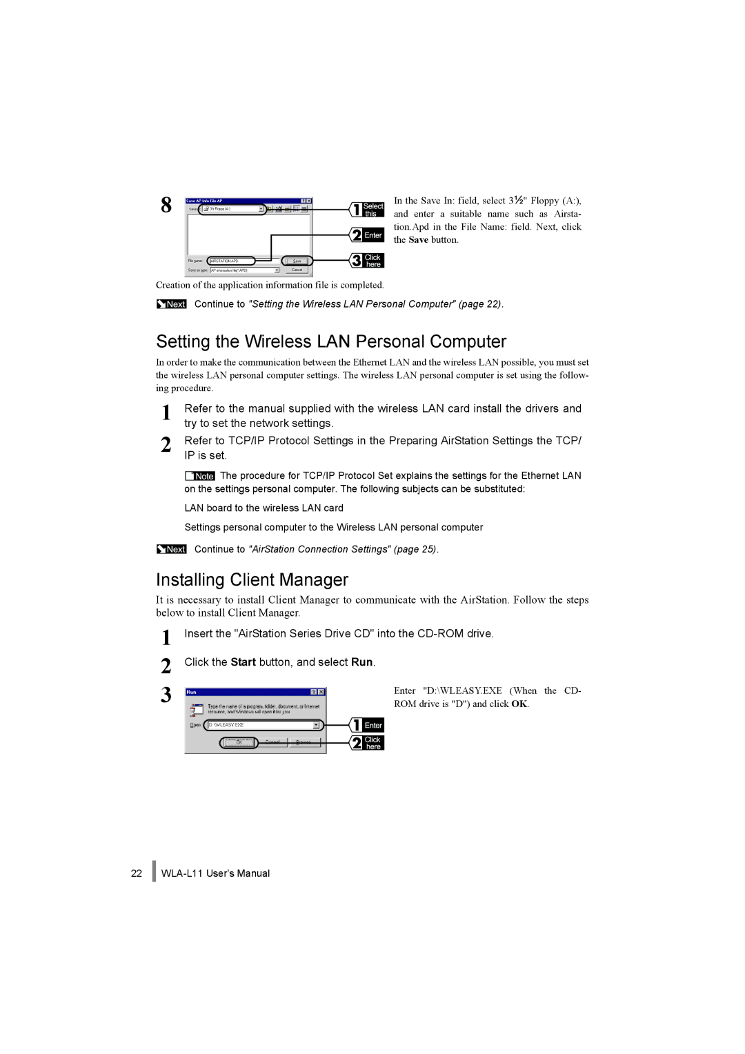 Buffalo Technology WLA-L11 specifications Setting the Wireless LAN Personal Computer, Installing Client Manager, IP is set 