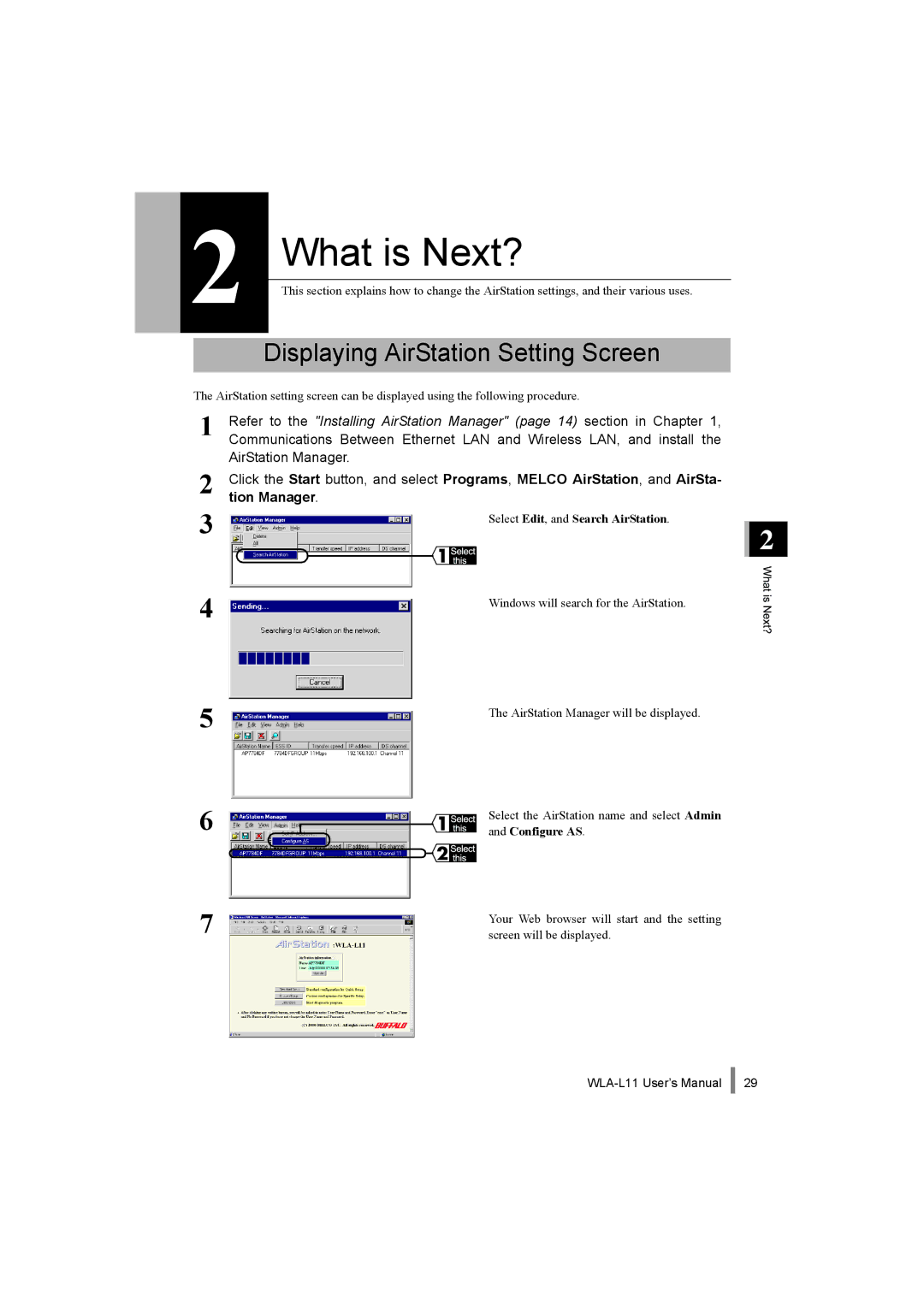 Buffalo Technology WLA-L11 specifications What is Next?, Displaying AirStation Setting Screen 