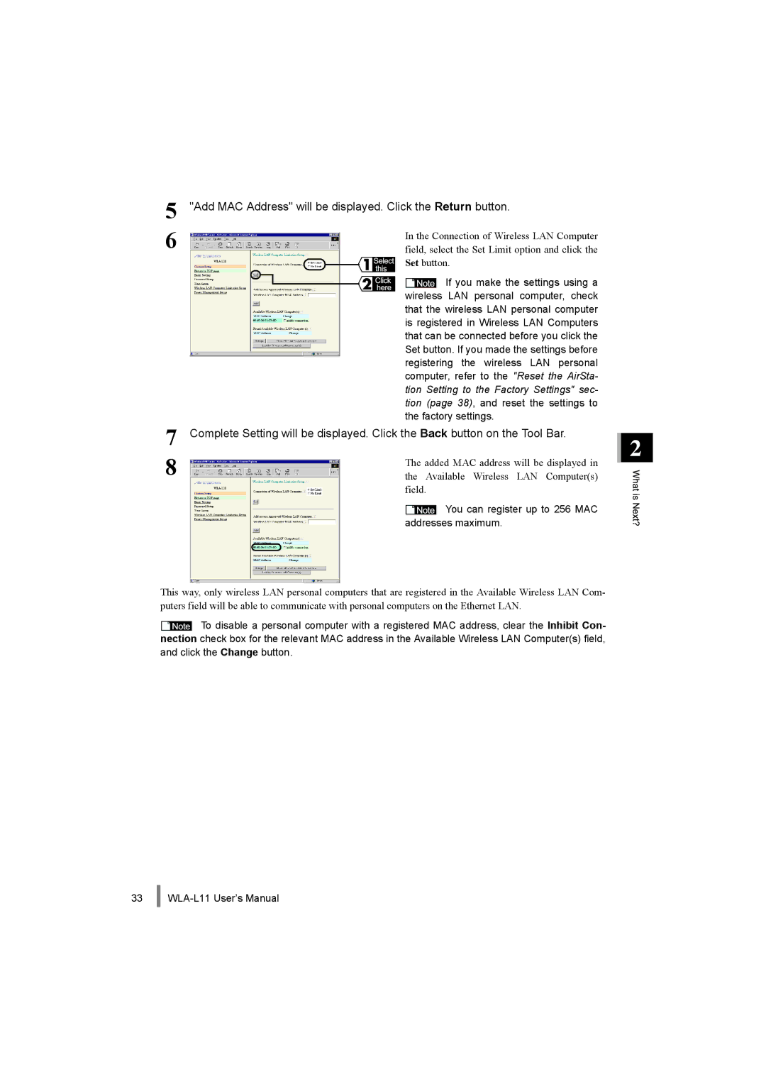 Buffalo Technology WLA-L11 specifications Add MAC Address will be displayed. Click the Return button 