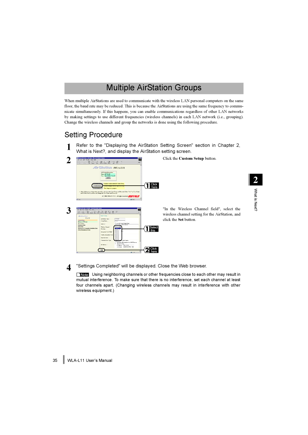 Buffalo Technology WLA-L11 Multiple AirStation Groups, What is Next?, and display the AirStation setting screen 