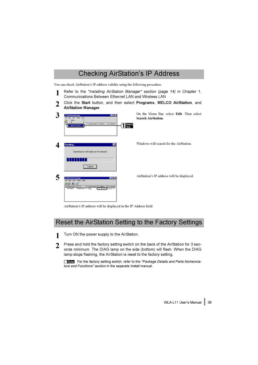 Buffalo Technology WLA-L11 Checking AirStation’s IP Address, Reset the AirStation Setting to the Factory Settings 