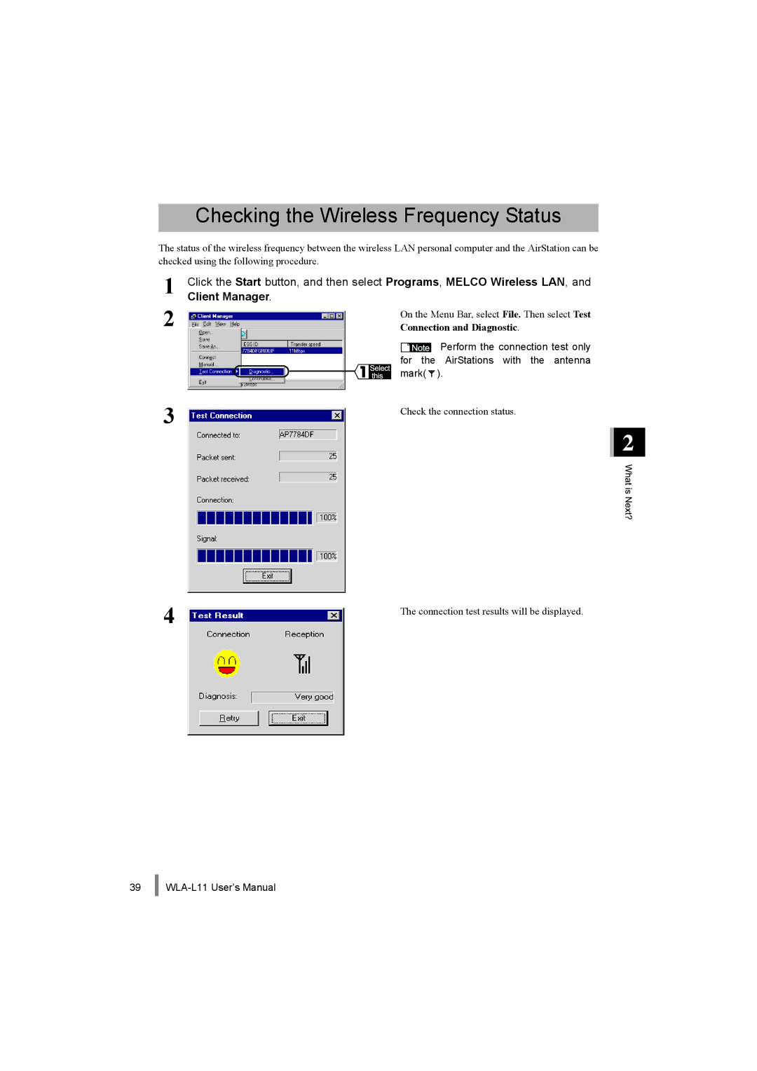 Buffalo Technology WLA-L11 specifications Checking the Wireless Frequency Status, Connection and Diagnostic 