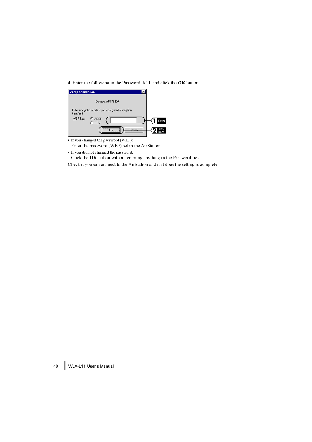 Buffalo Technology WLA-L11 specifications Enter the password WEP set in the AirStation 