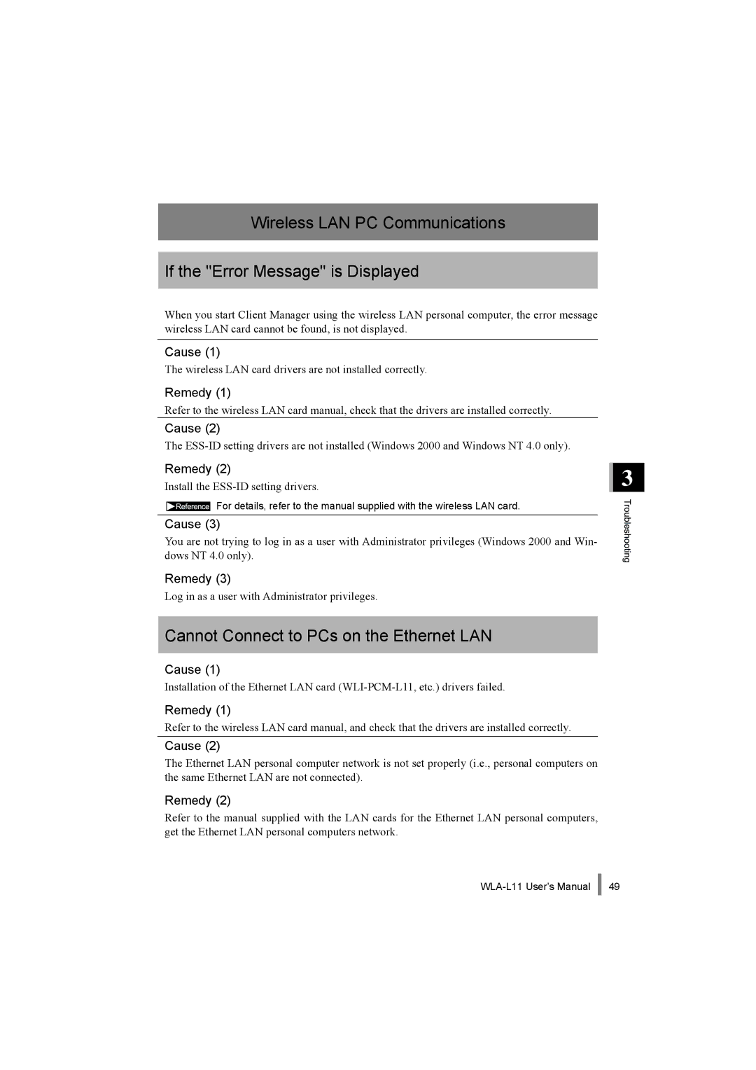 Buffalo Technology WLA-L11 specifications Cannot Connect to PCs on the Ethernet LAN 