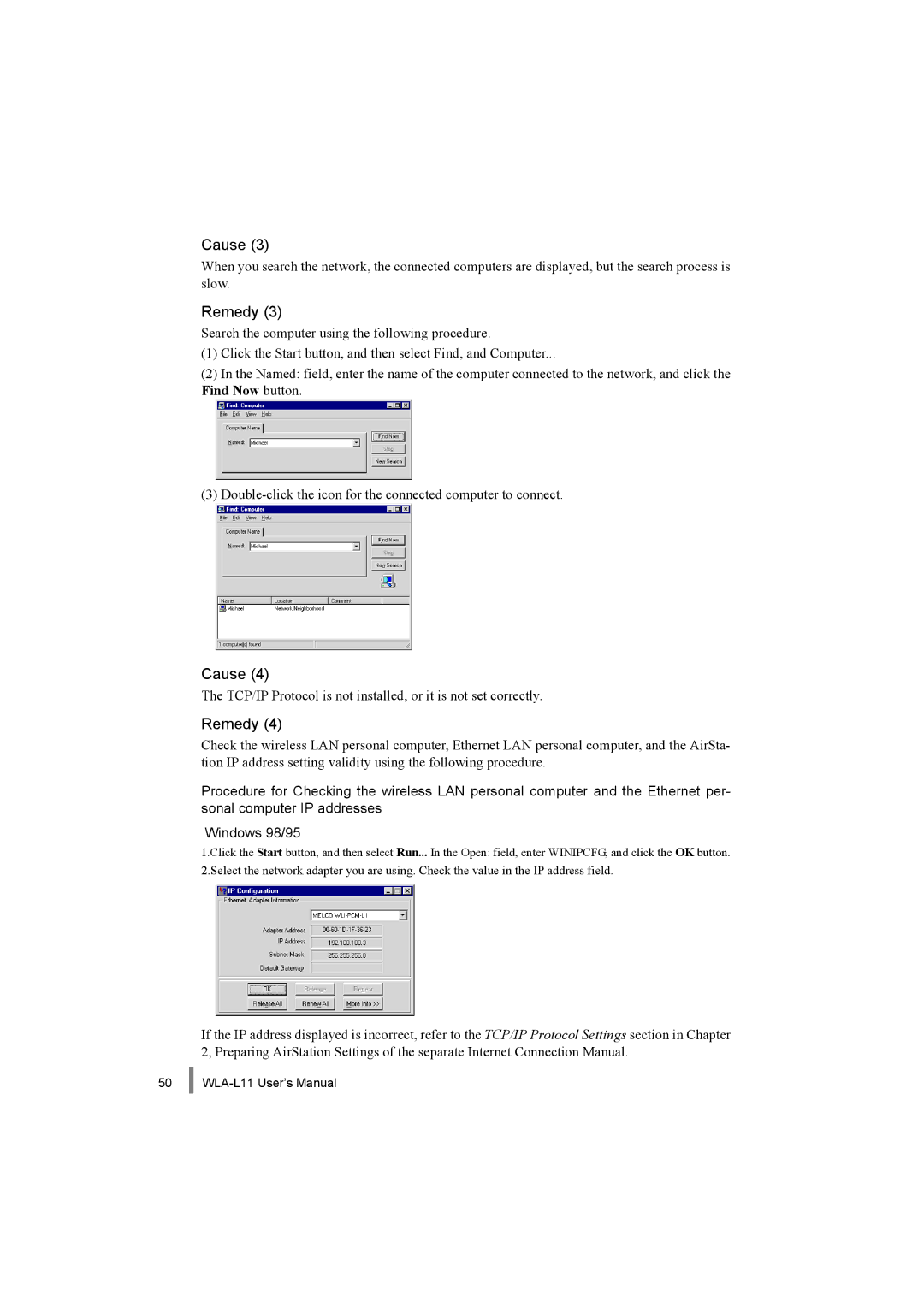 Buffalo Technology WLA-L11 specifications TCP/IP Protocol is not installed, or it is not set correctly 