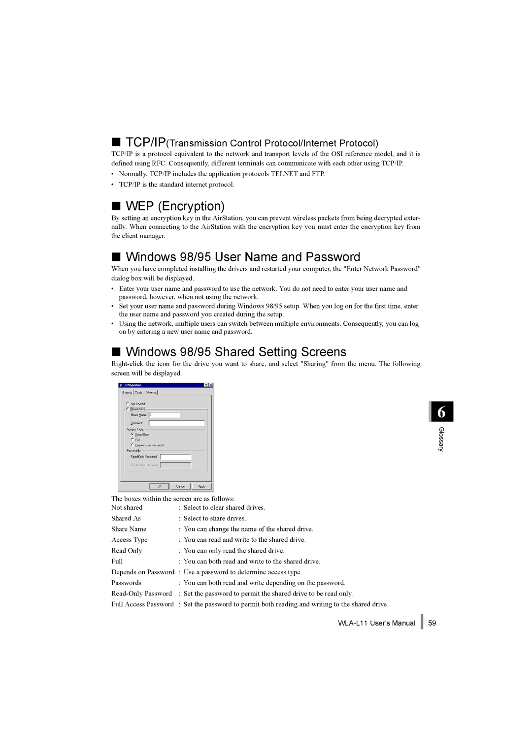 Buffalo Technology WLA-L11 WEP Encryption, Windows 98/95 User Name and Password, Windows 98/95 Shared Setting Screens 