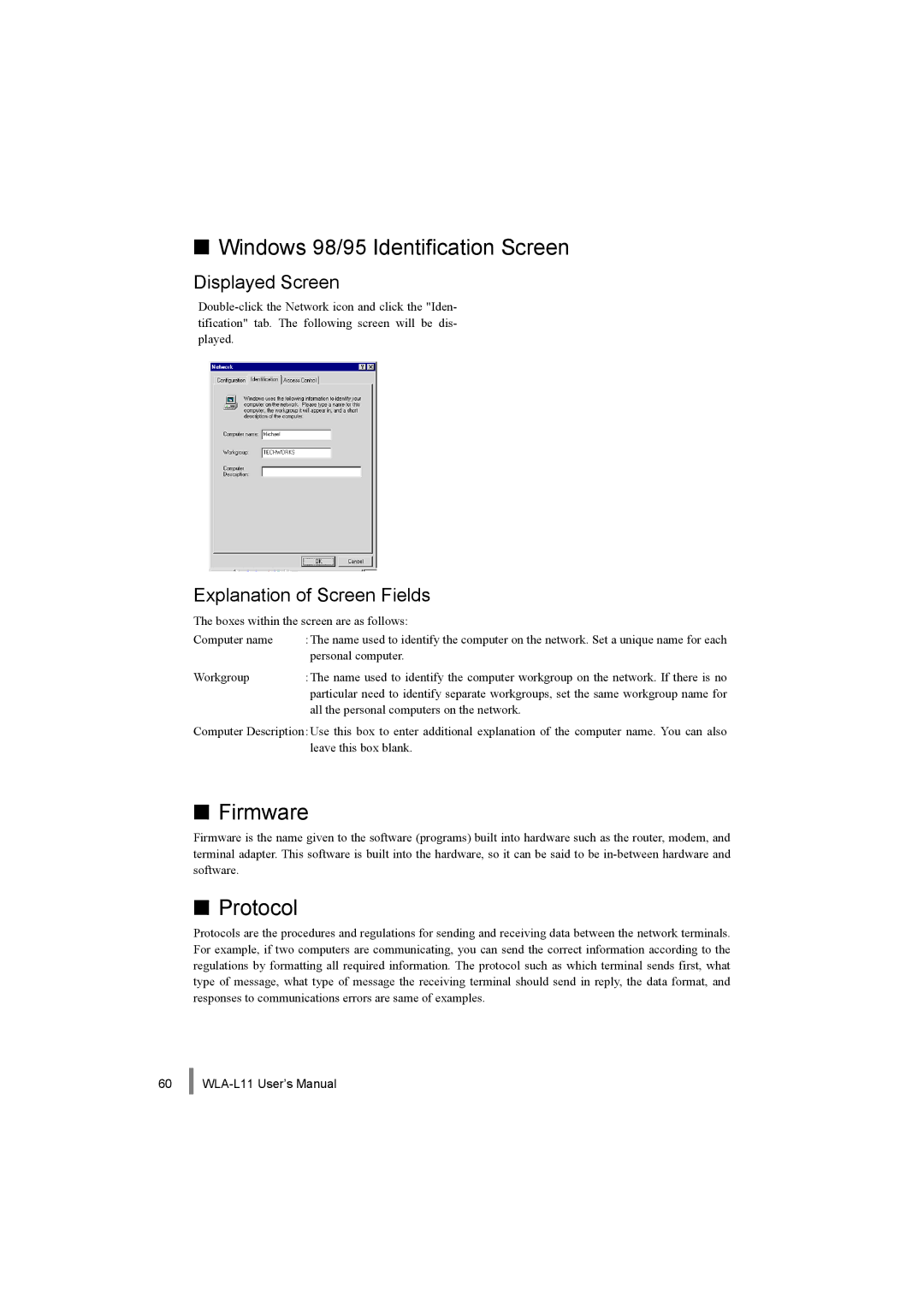 Buffalo Technology WLA-L11 specifications Windows 98/95 Identification Screen, Firmware, Protocol, Displayed Screen 