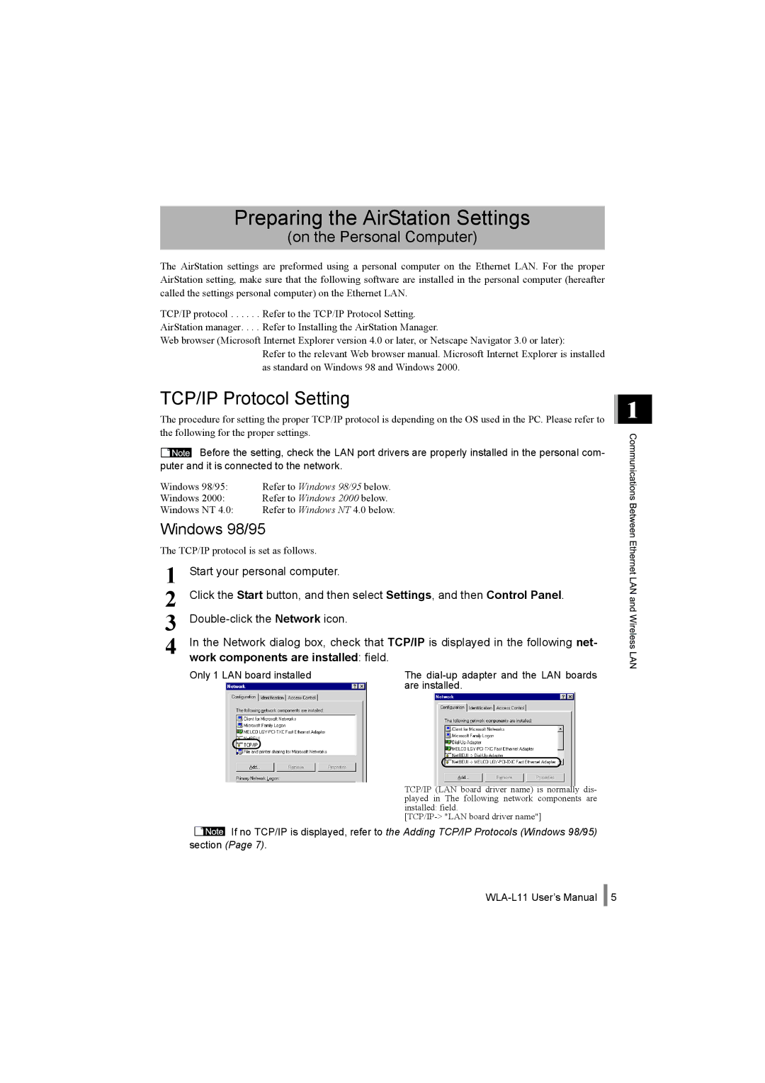 Buffalo Technology WLA-L11 Preparing the AirStation Settings, TCP/IP Protocol Setting, On the Personal Computer 