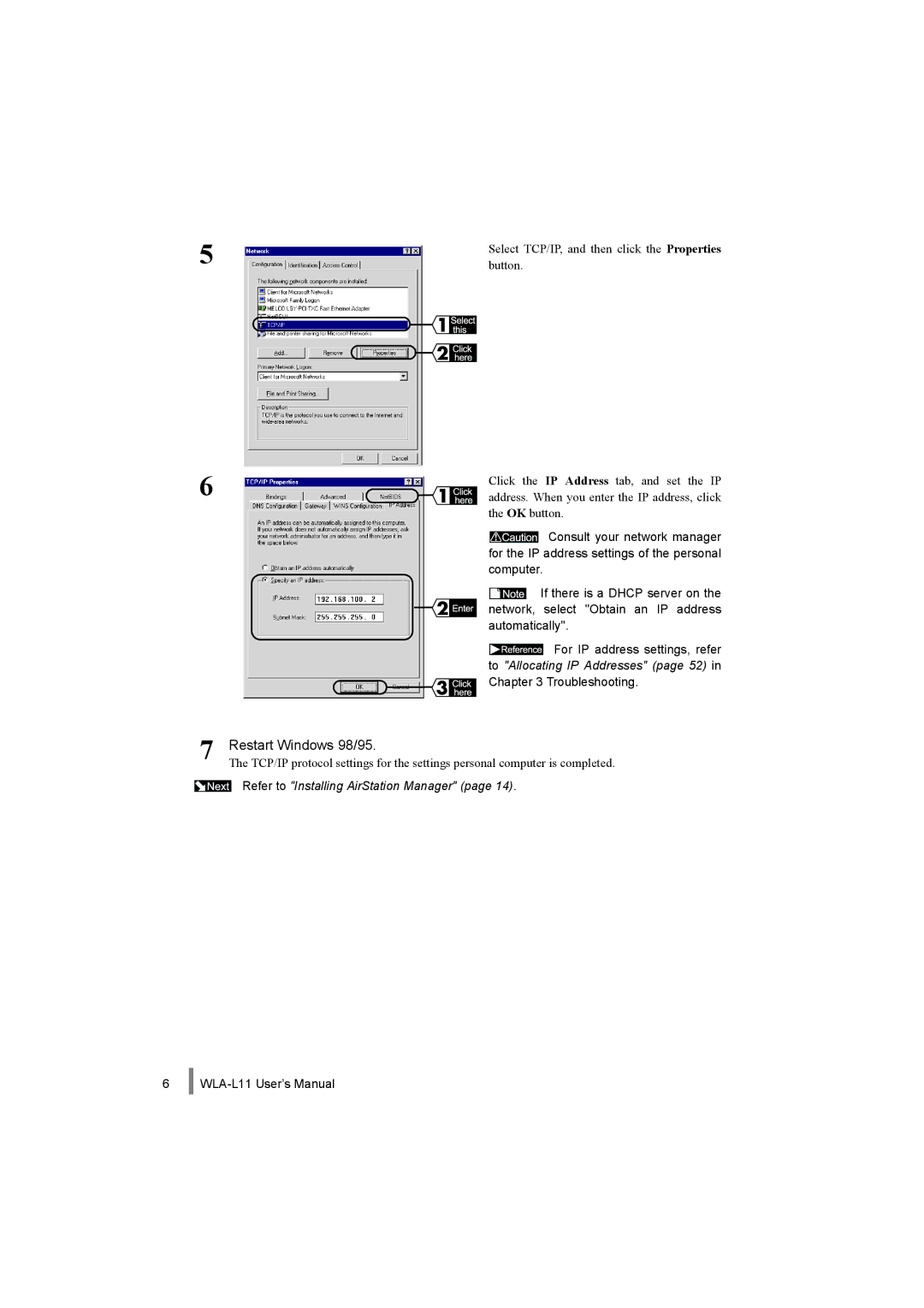 Buffalo Technology WLA-L11 specifications Restart Windows 98/95, Select TCP/IP, and then click the Properties button 