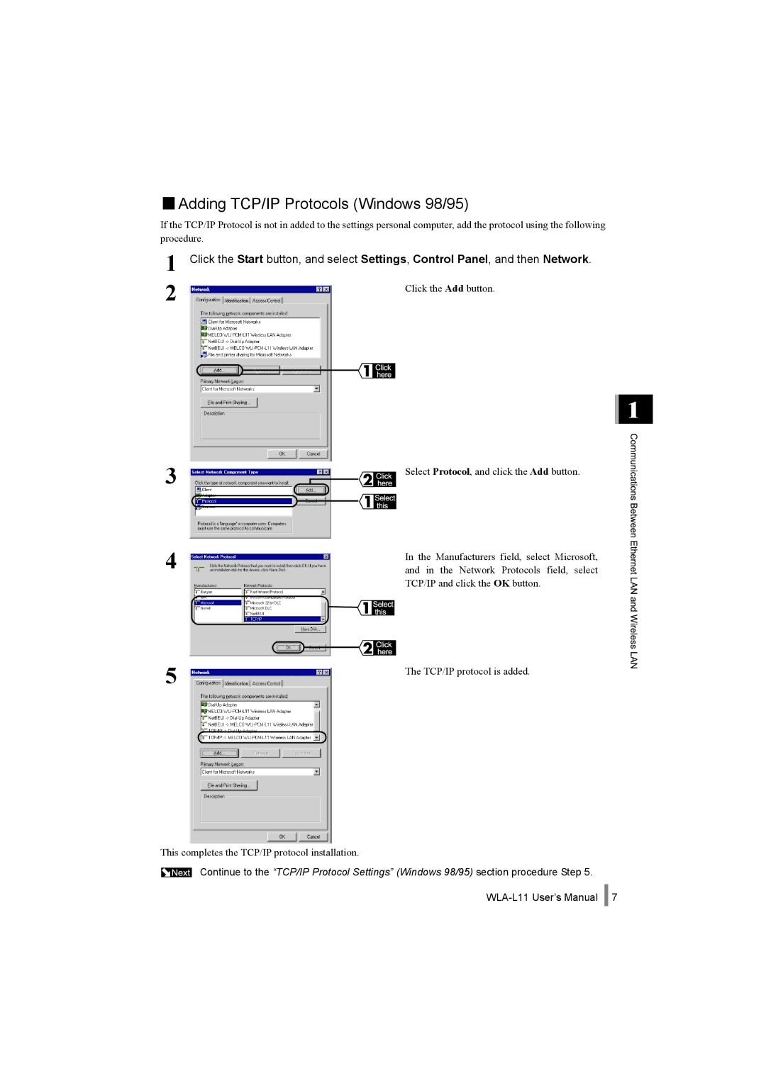 Buffalo Technology WLA-L11 specifications Adding TCP/IP Protocols Windows 98/95 