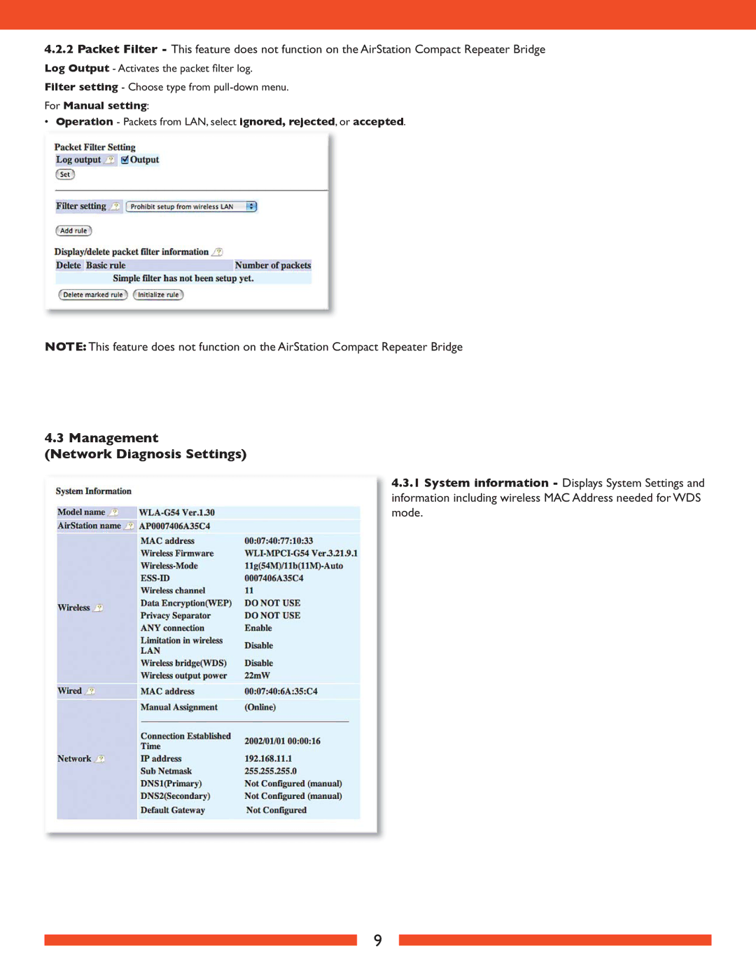 Buffalo Technology WLA2-G54 user manual Management Network Diagnosis Settings 