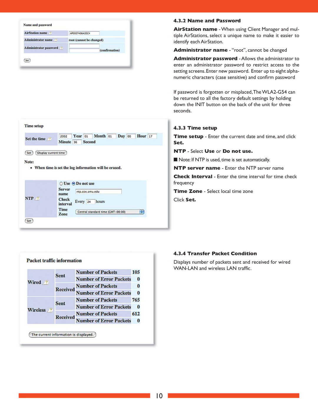 Buffalo Technology WLA2-G54 Name and Password, Time setup, Set NTP Select Use or Do not use, Transfer Packet Condition 