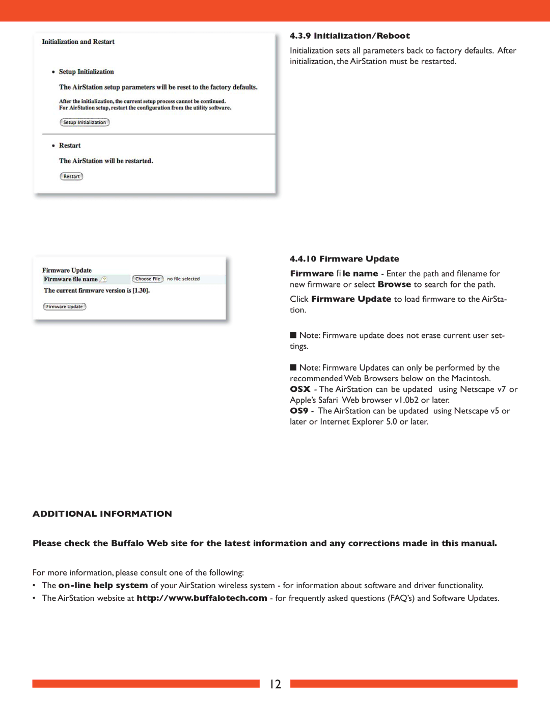 Buffalo Technology WLA2-G54 user manual Initialization/Reboot, Firmware Update 