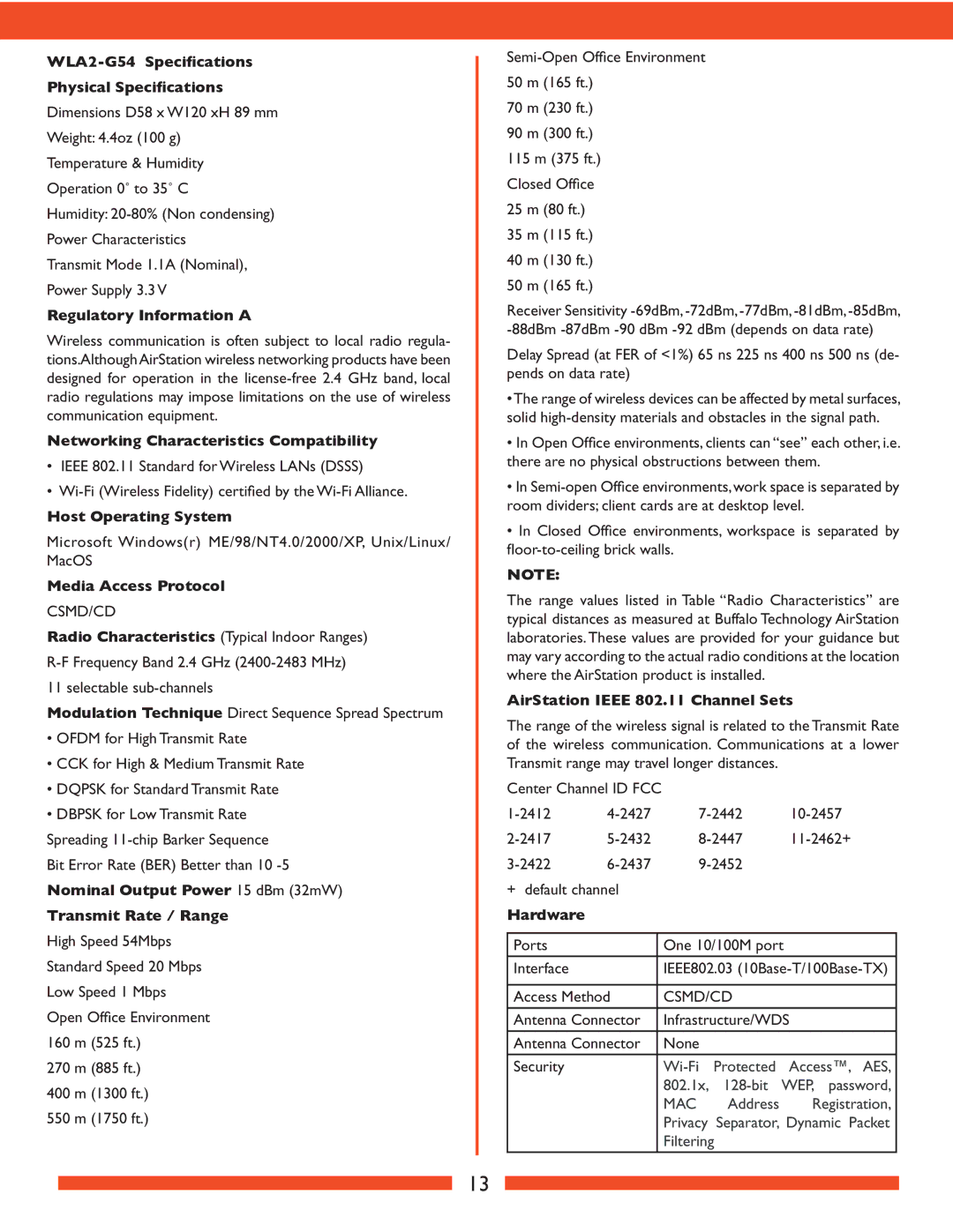 Buffalo Technology WLA2-G54 Speciﬁcations Physical Speciﬁcations, Regulatory Information a, Host Operating System 