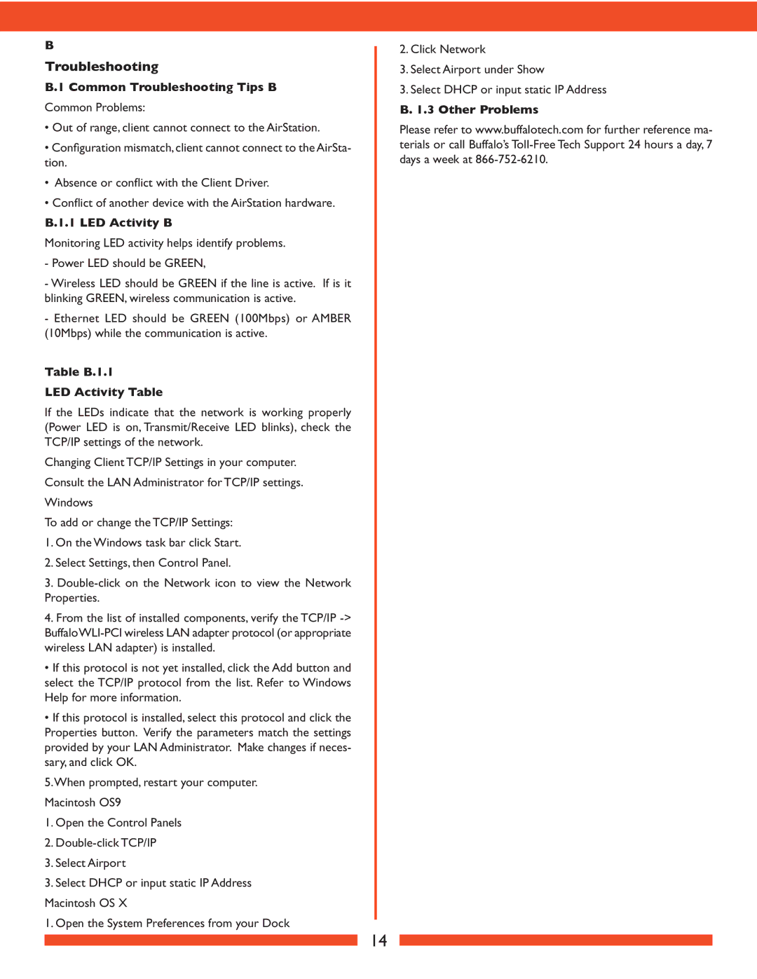 Buffalo Technology WLA2-G54 user manual Common Troubleshooting Tips B, LED Activity B, Table B.1.1 LED Activity Table 