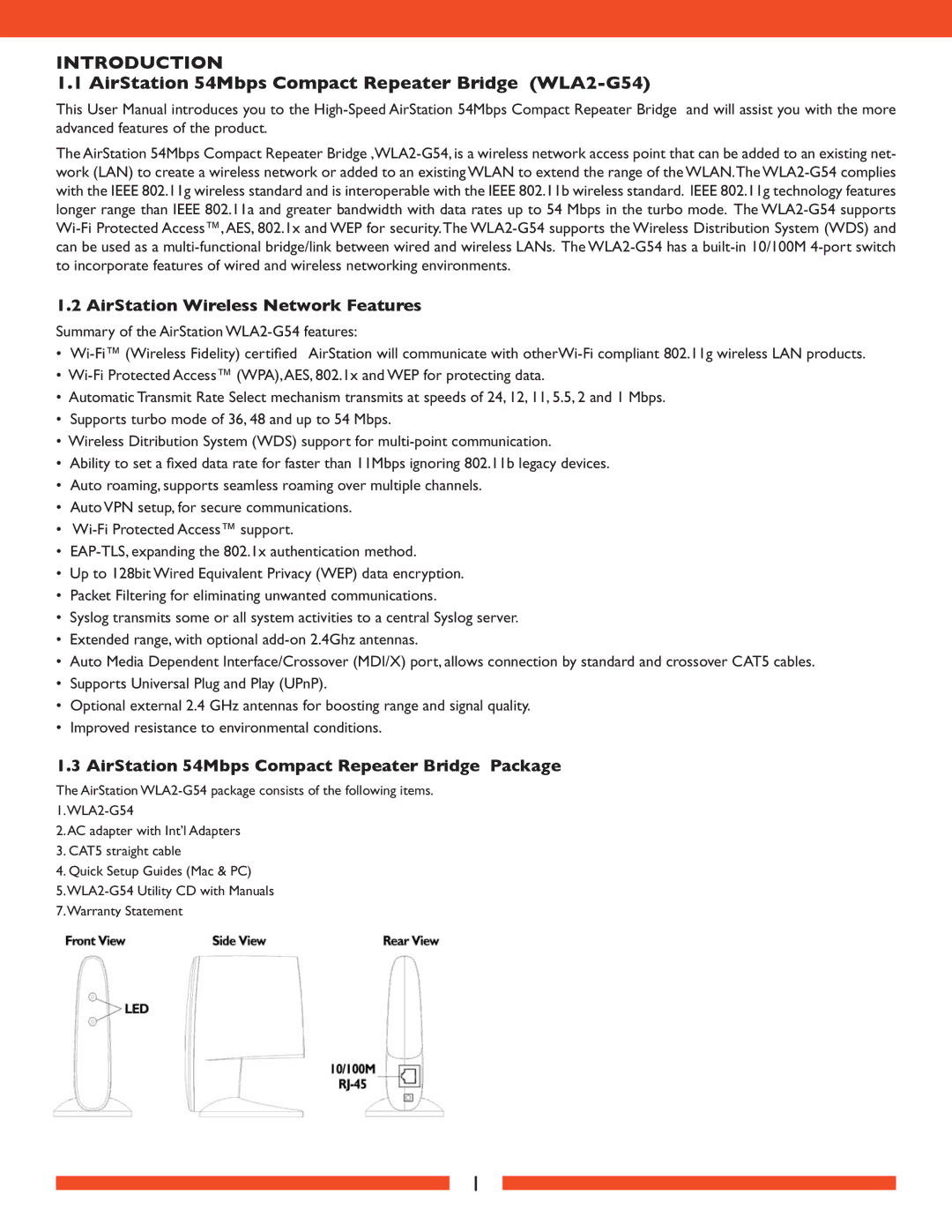 Buffalo Technology WLA2-G54 AirStation Wireless Network Features, AirStation 54Mbps Compact Repeater Bridge Package 