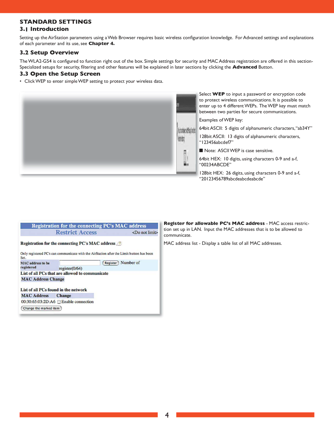 Buffalo Technology WLA2-G54 user manual Standard Settings 3.1 Introduction, Setup Overview, Open the Setup Screen 