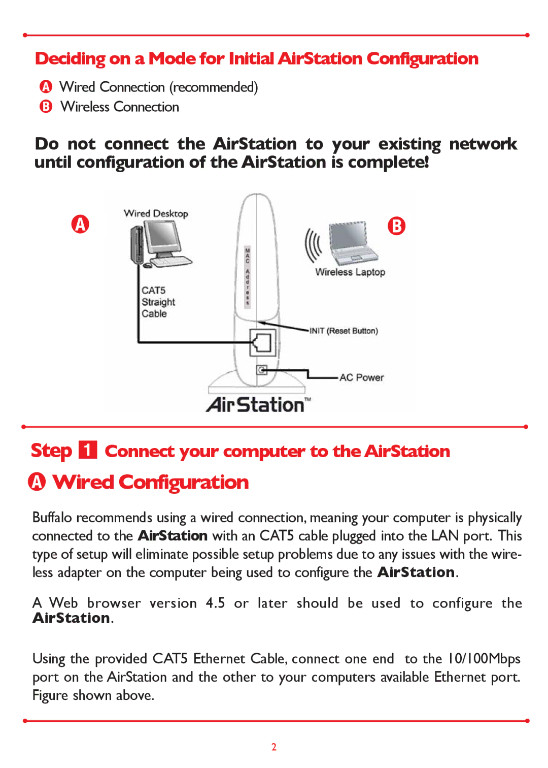 Buffalo Technology WLA2-G54 setup guide Wired Configuration, Deciding on a Mode for Initial AirStation Configuration 