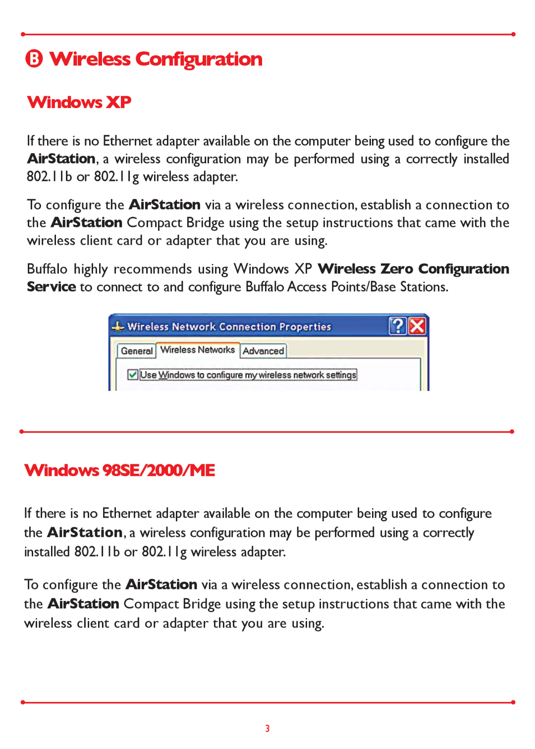 Buffalo Technology WLA2-G54 setup guide Wireless Configuration, Windows XP, Windows 98SE/2000/ME 