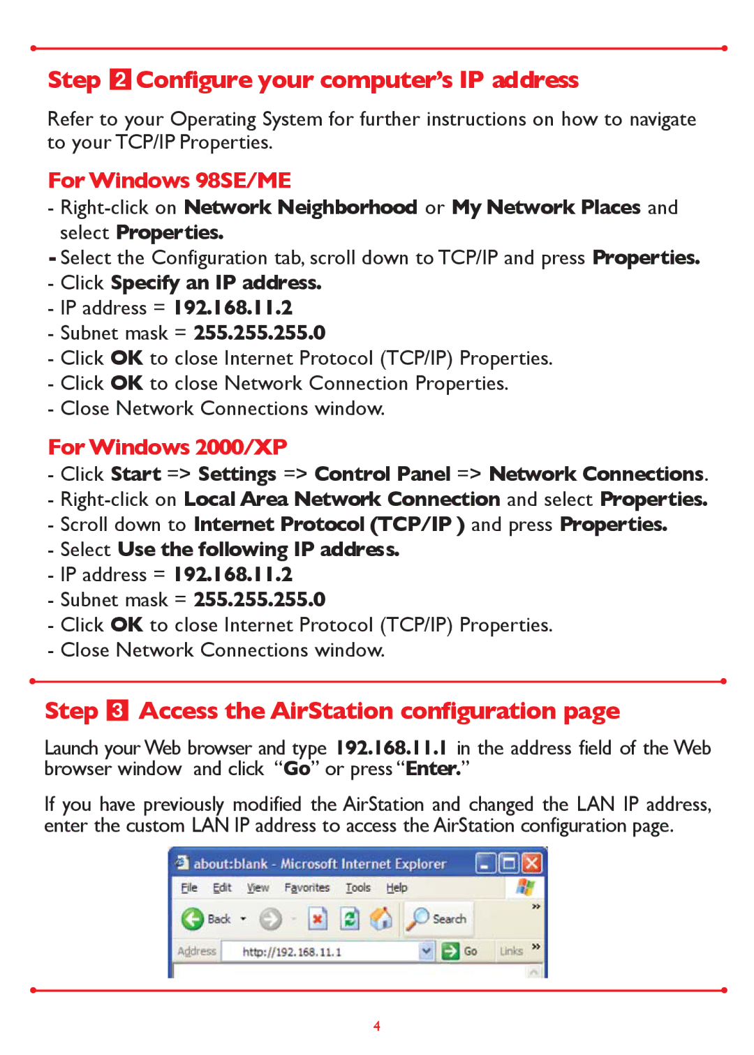 Buffalo Technology WLA2-G54 setup guide Step Configure your computer’s IP address, Step Access the AirStation configuration 