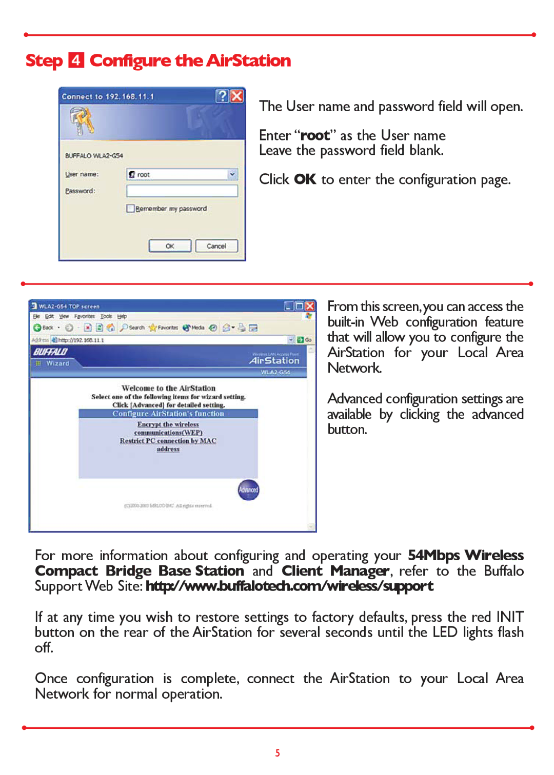 Buffalo Technology WLA2-G54 setup guide Step Configure theAirStation 