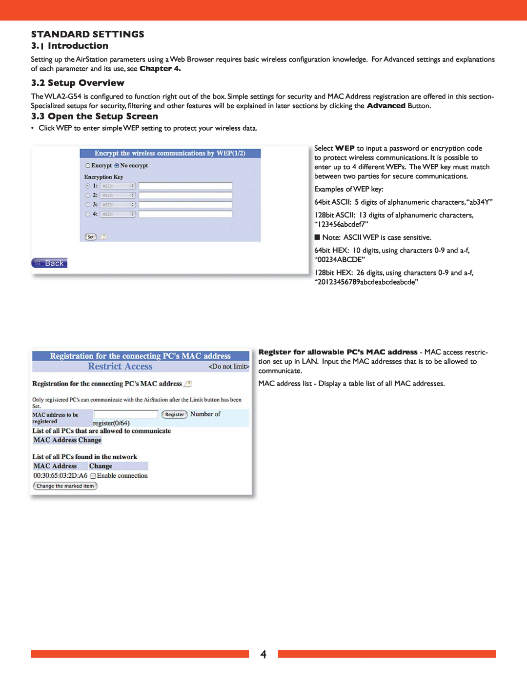 Buffalo Technology WLA2-G54 user manual STANDARD SETTINGS 3.1 Introduction, Setup Overview, Open the Setup Screen 