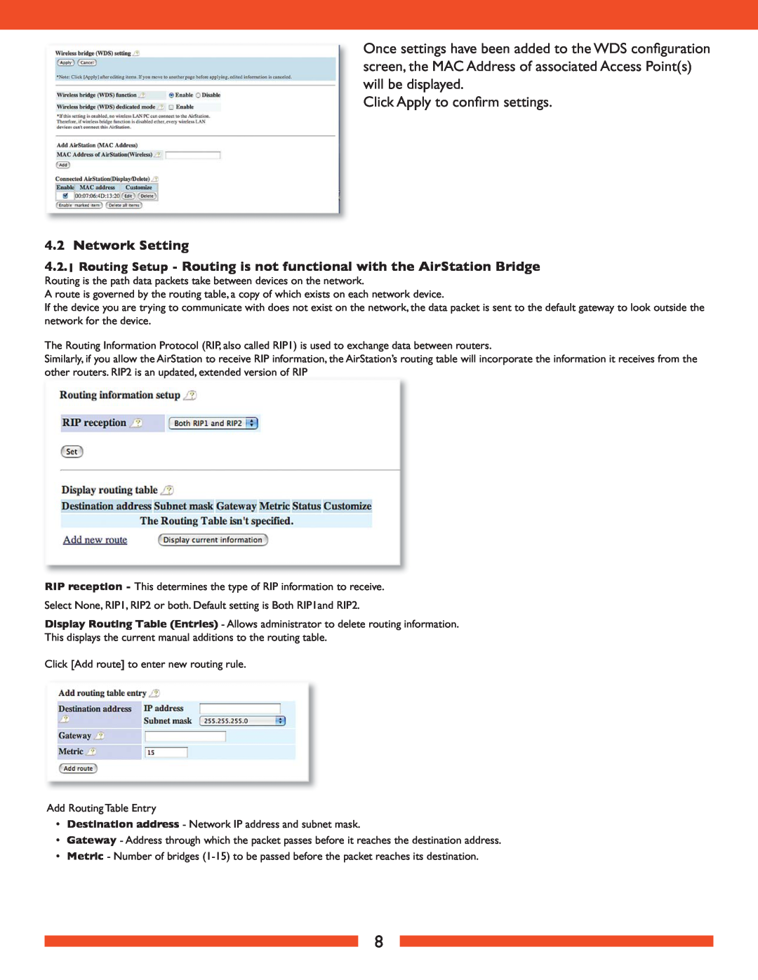 Buffalo Technology WLA2-G54 user manual Network Setting, Click Apply to conﬁrm settings 