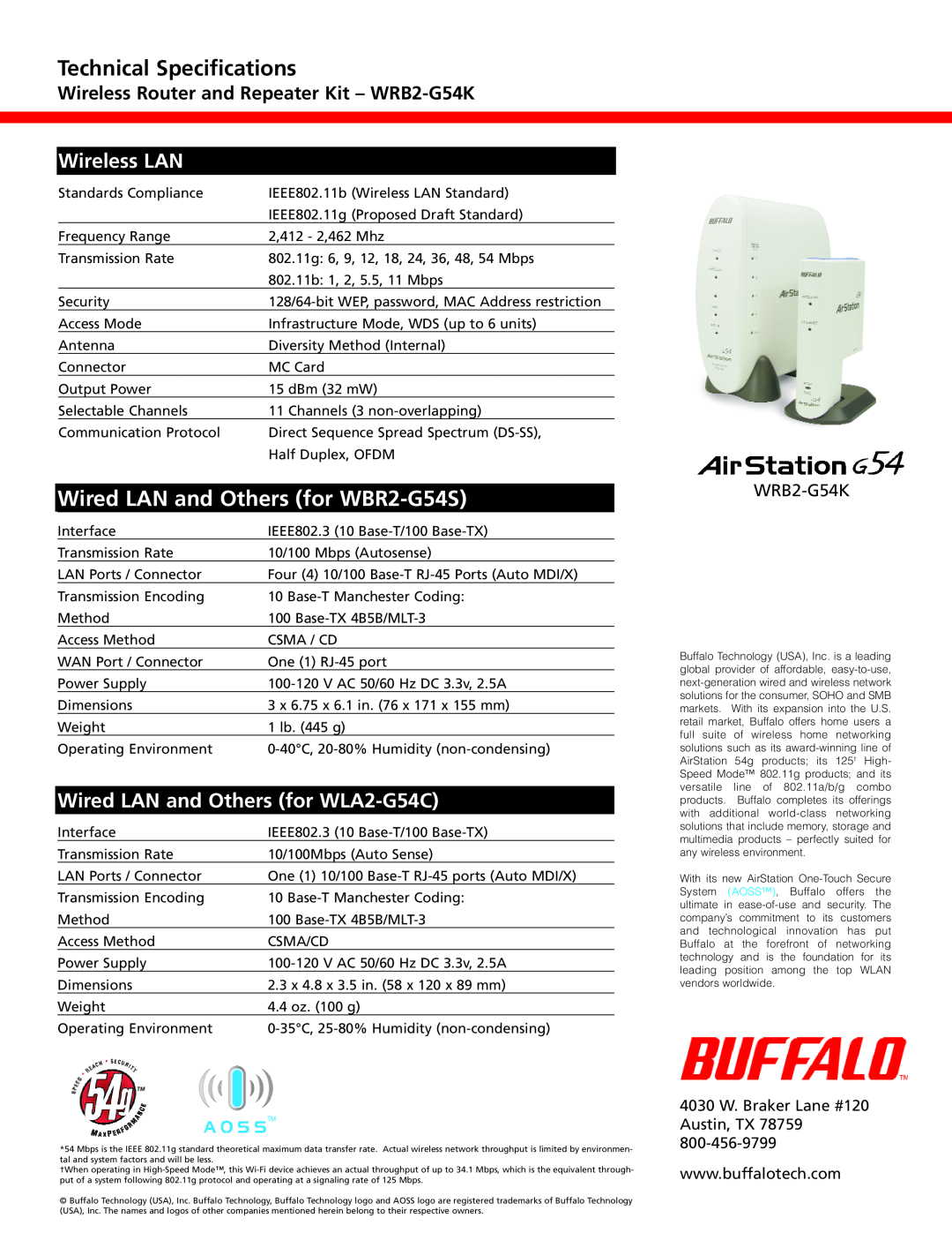 Buffalo Technology WLA2-G54C 4030 W. Braker Lane #120 Austin, TX 78759, Technical Specifications, Wireless LAN, WRB2-G54K 