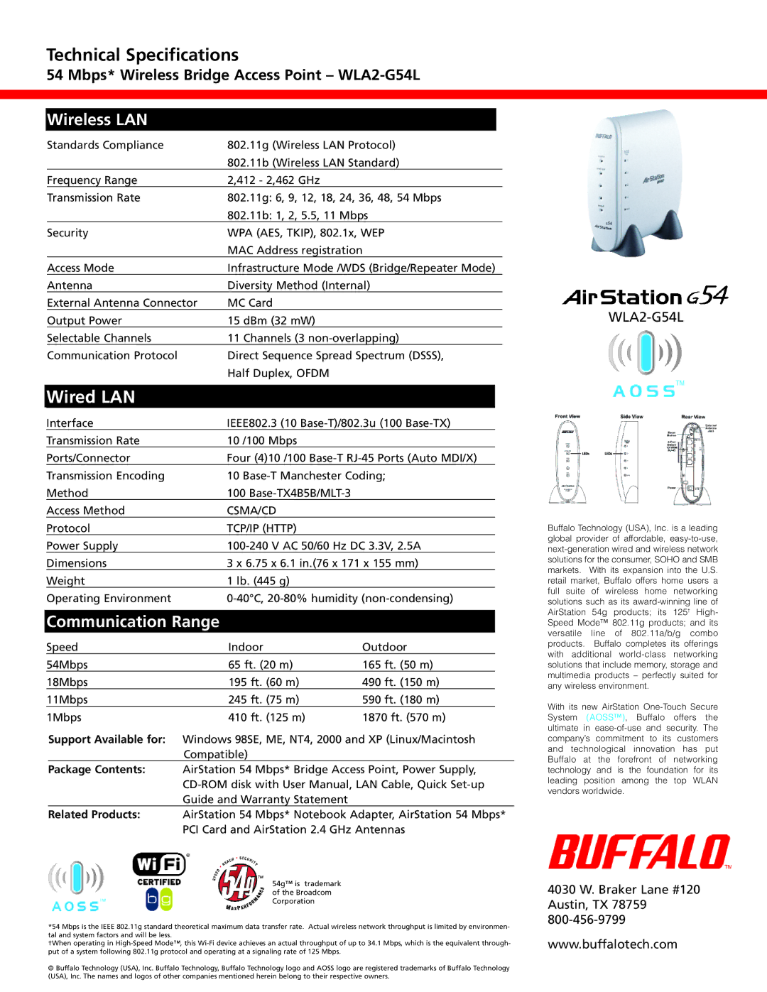 Buffalo Technology WLA2-G54L warranty Wireless LAN, Communication Range 