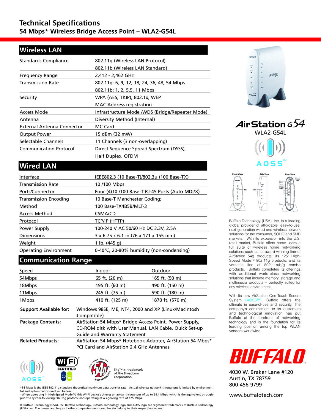 Buffalo Technology WLA2-G54L warranty Technical Specifications, Wired LAN, Wireless LAN, Communication Range 