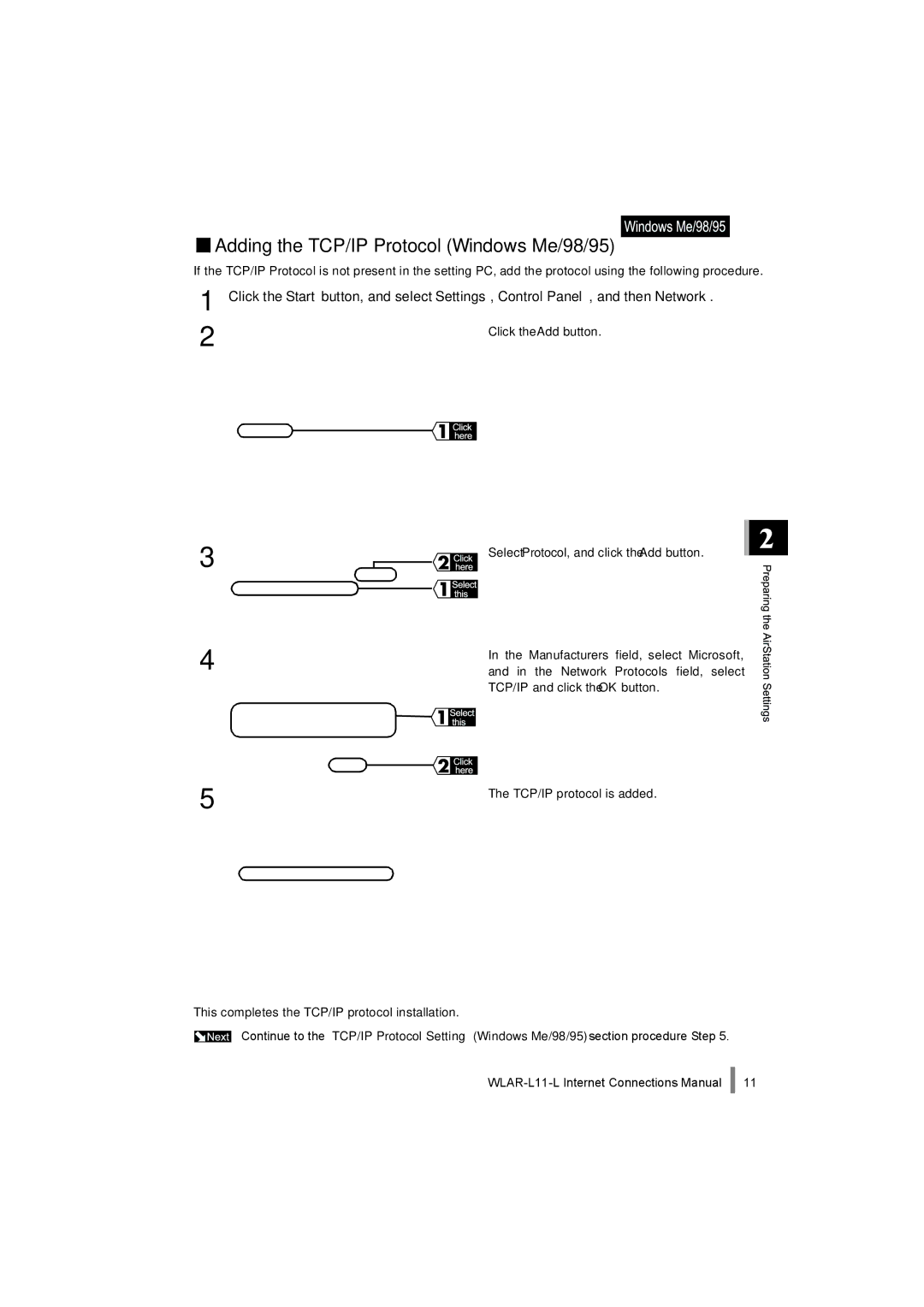 Buffalo Technology WLAR-L11-L manual Adding the TCP/IP Protocol Windows Me/98/95 