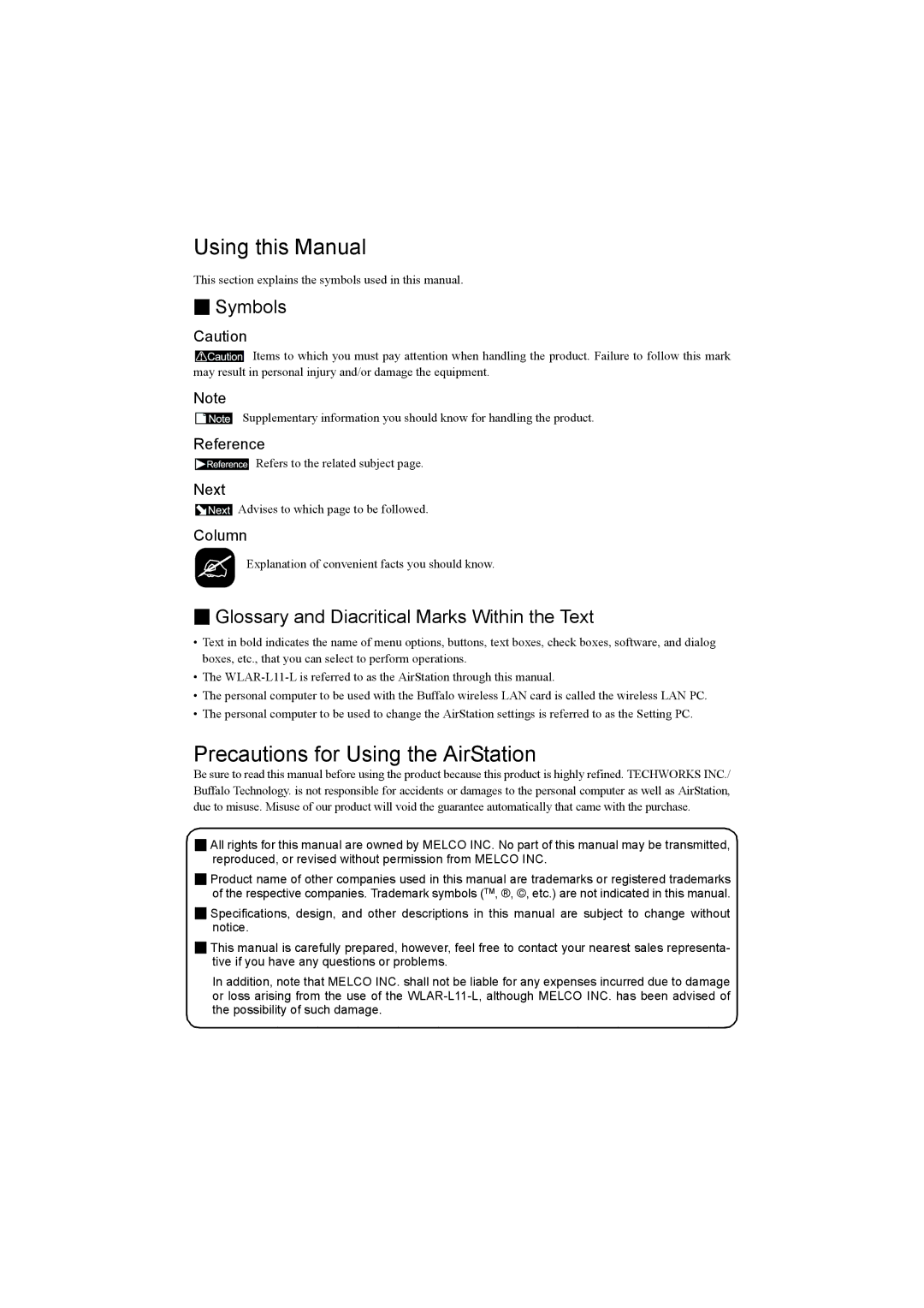 Buffalo Technology WLAR-L11-L manual Using this Manual, Precautions for Using the AirStation, Symbols 