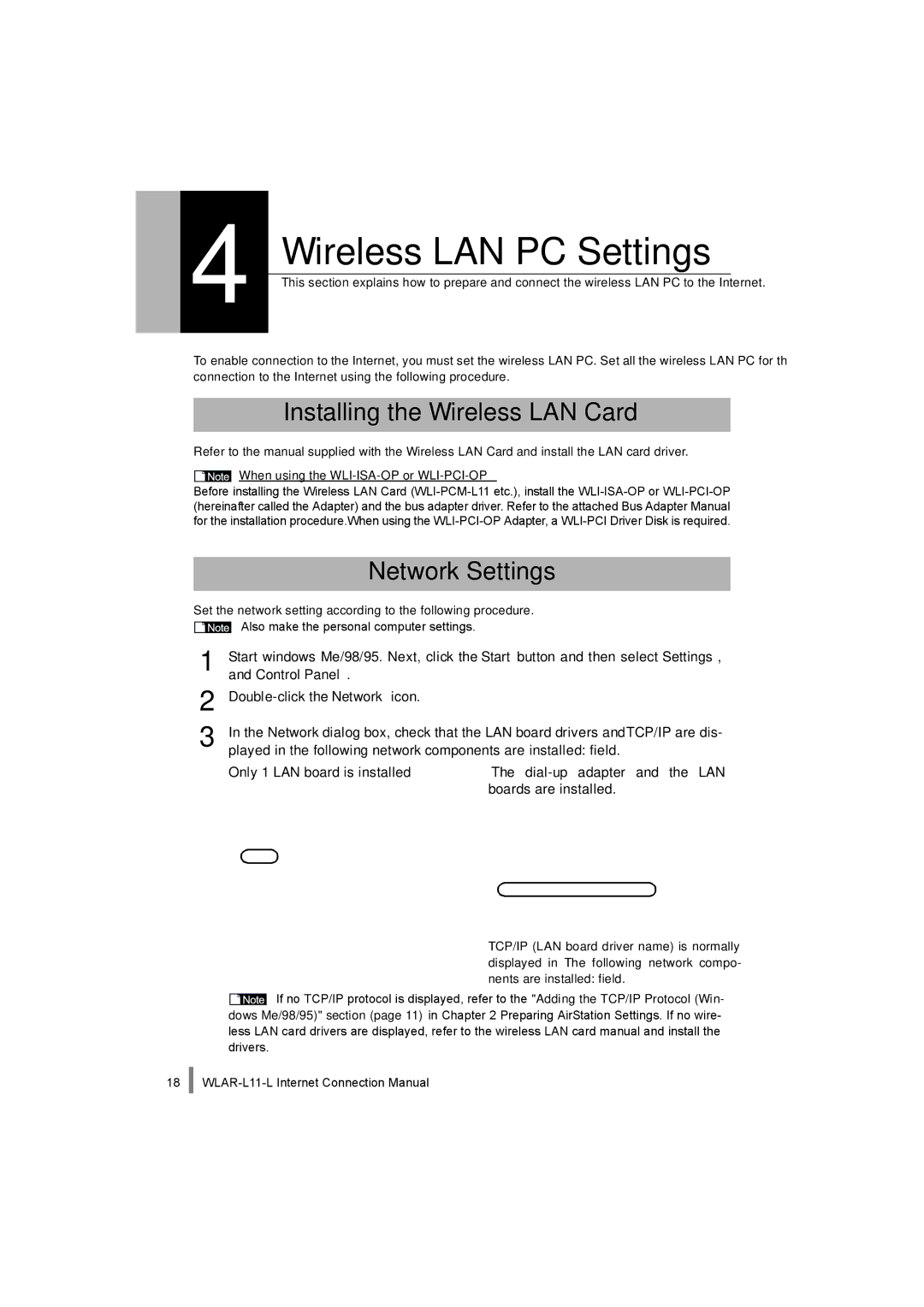 Buffalo Technology WLAR-L11-L manual Installing the Wireless LAN Card, Network Settings 