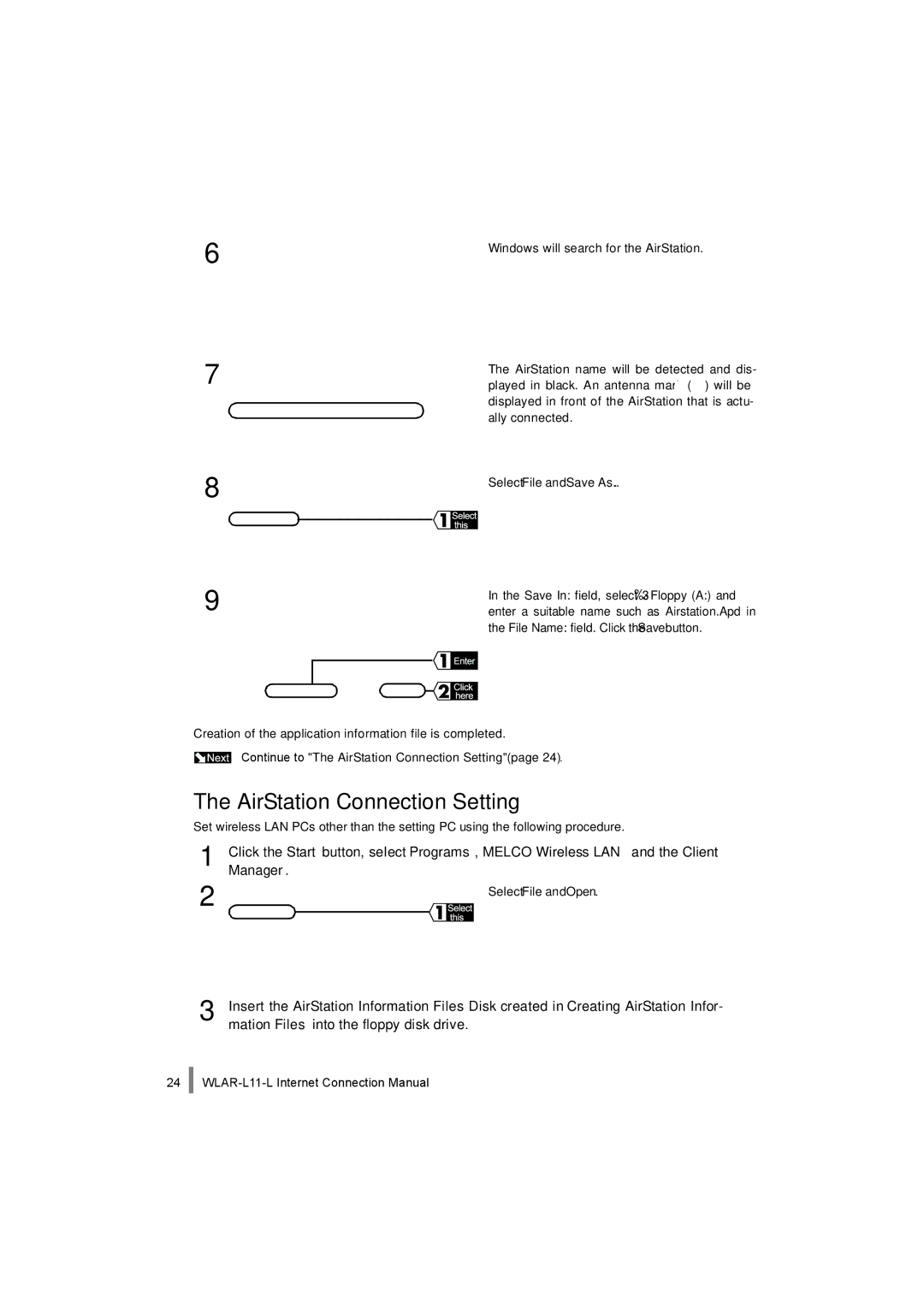 Buffalo Technology WLAR-L11-L manual AirStation Connection Setting, Manager, Mation Files into the floppy disk drive 