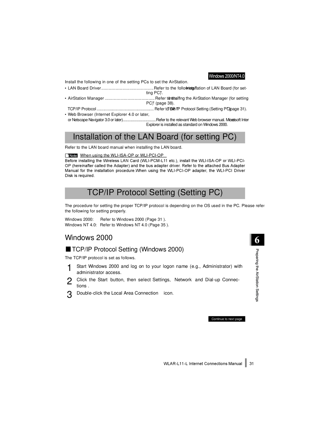 Buffalo Technology WLAR-L11-L manual TCP/IP Protocol Setting Setting PC, TCP/IP Protocol Setting Windows 