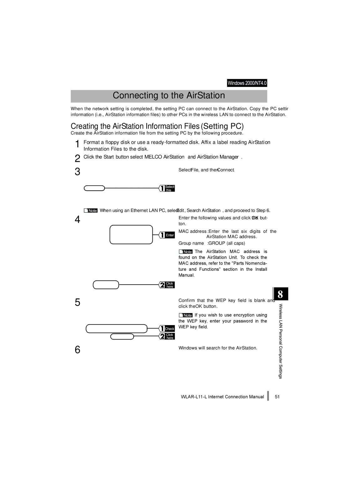 Buffalo Technology WLAR-L11-L manual Connecting to the AirStation, Creating the AirStation Information Files Setting PC 