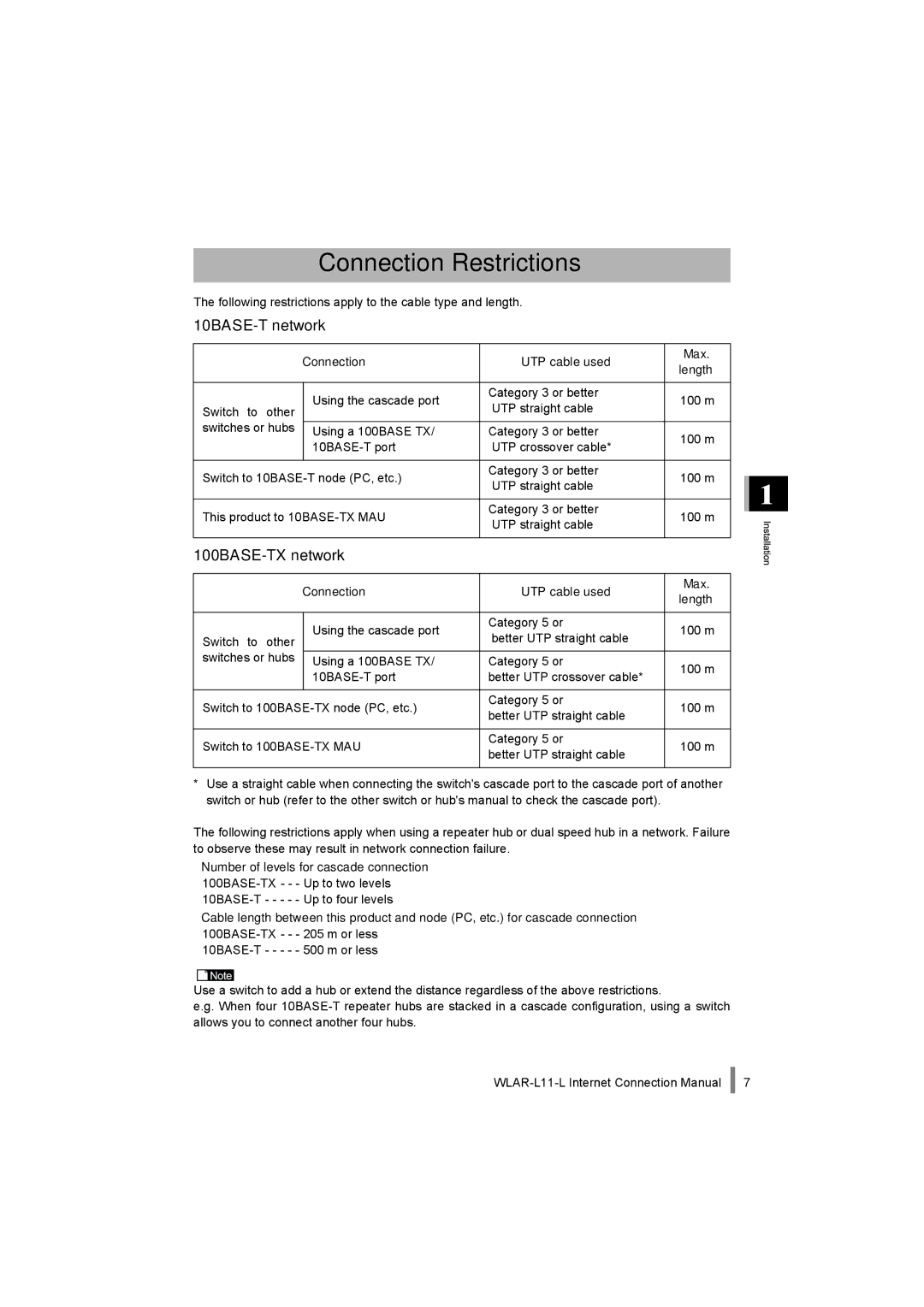 Buffalo Technology WLAR-L11-L manual Connection Restrictions, 10BASE-T network 