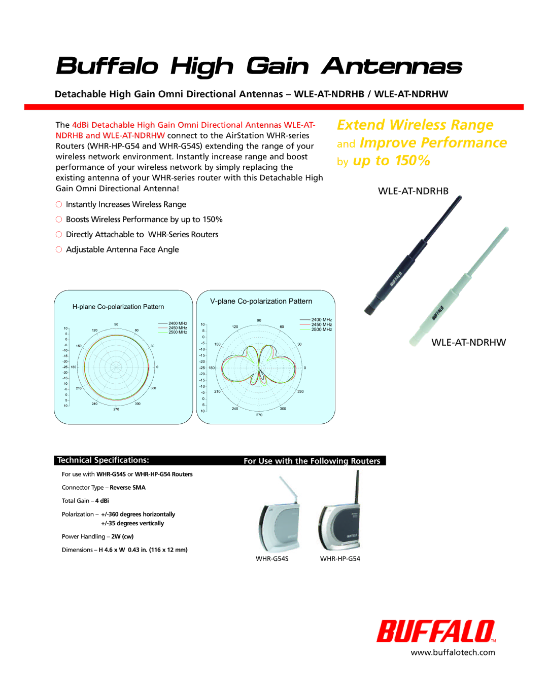 Buffalo Technology WLE-AT-NDBHB technical specifications Buffalo High Gain Antennas, Wle-At-Ndrhb, Wle-At-Ndrhw 