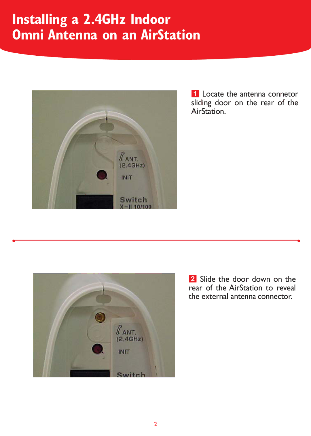 Buffalo Technology WLE-NDR setup guide Installing a 2.4GHz Indoor Omni Antenna on an AirStation 