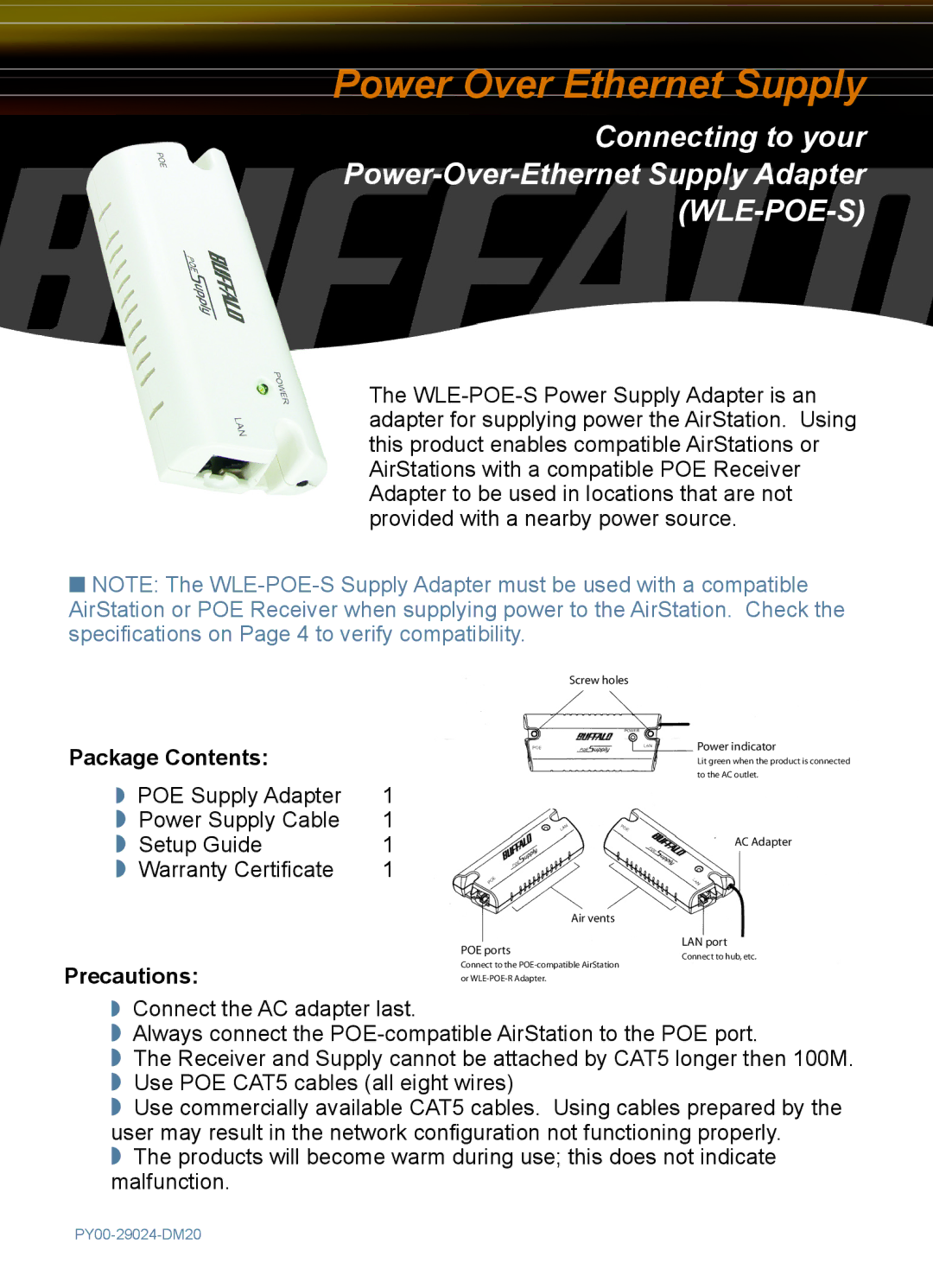 Buffalo Technology WLE-POE-S specifications Power Over Ethernet Supply 