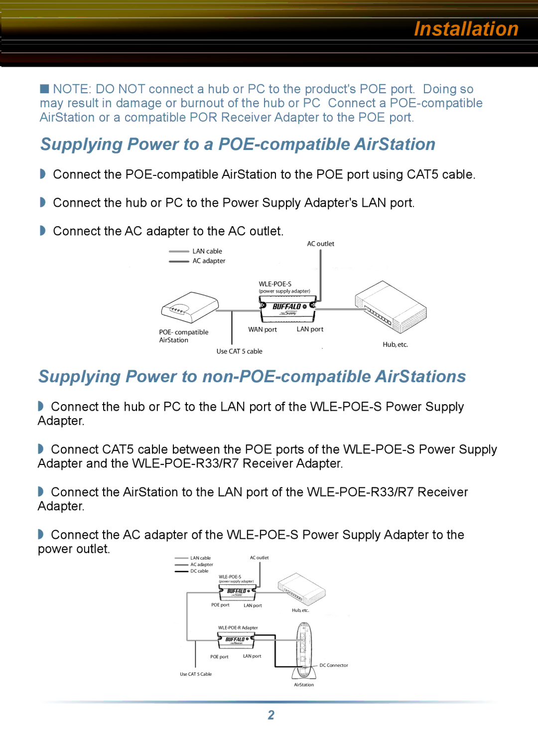 Buffalo Technology WLE-POE-S specifications Installation, Supplying Power to a POE-compatible AirStation 