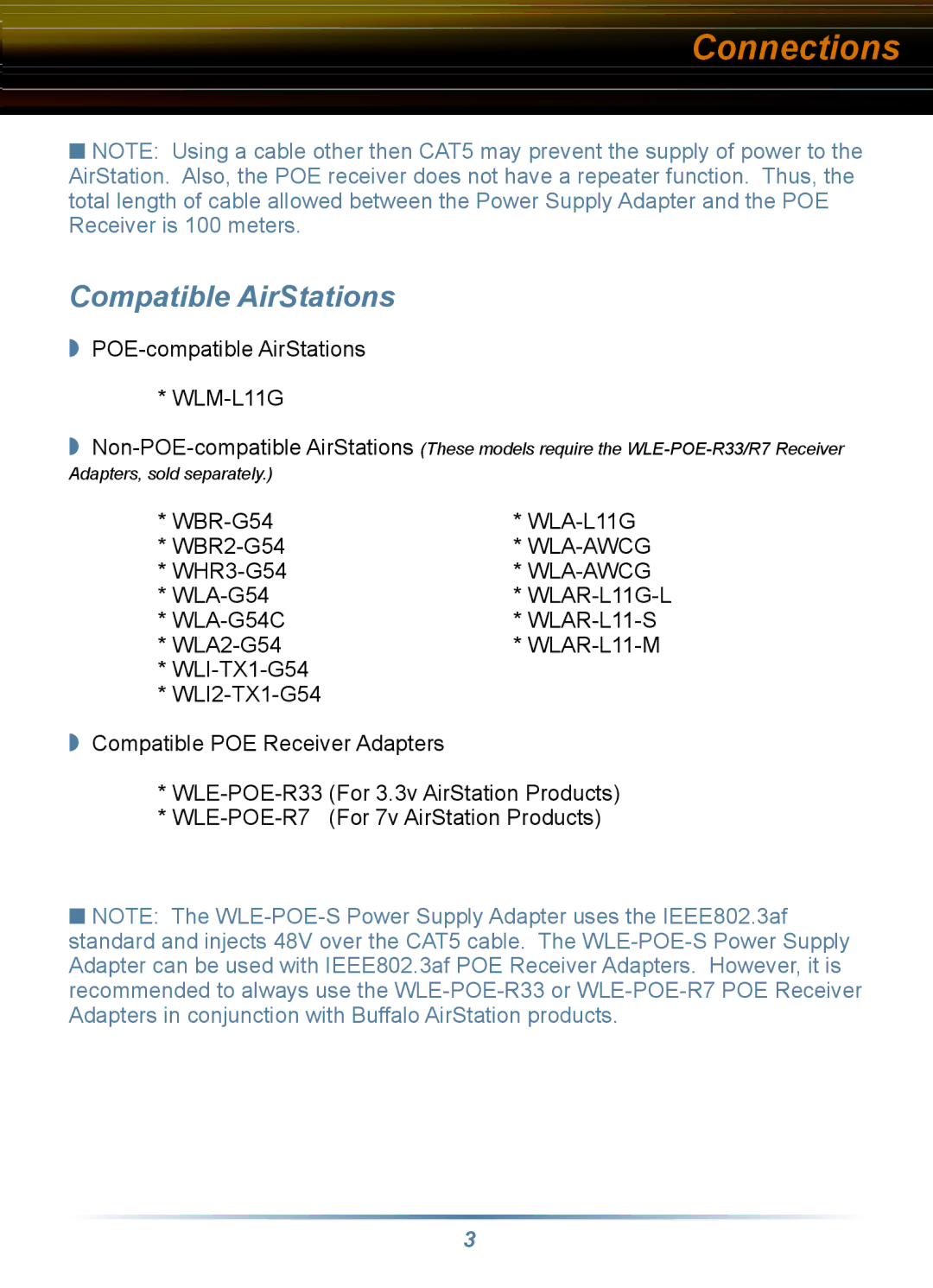 Buffalo Technology WLE-POE-S specifications Connections, Compatible AirStations 