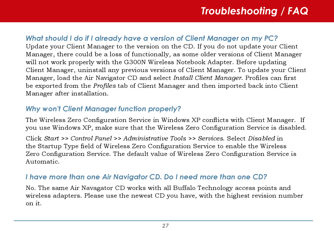 Buffalo Technology WLI-CB-AG108HP user manual Troubleshooting / FAQ, Why wont Client Manager function properly? 